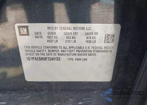 2015 Chevrolet Cruze Ls Auto из США, поврежденный, VIN 1G1PA5SH9F7240152